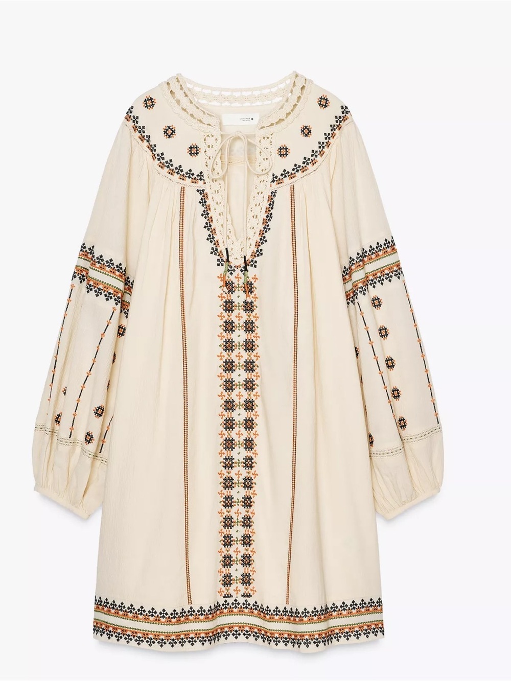 Zara Cream Embroidered Long-Sleeve 100% Cotton Dress with Multicolor Trim